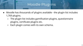 Copyright 2020 Severalnines AB 6
● Moodle has thousands of plugins available - the plugin list includes
1,769 plugins.
○ T...
