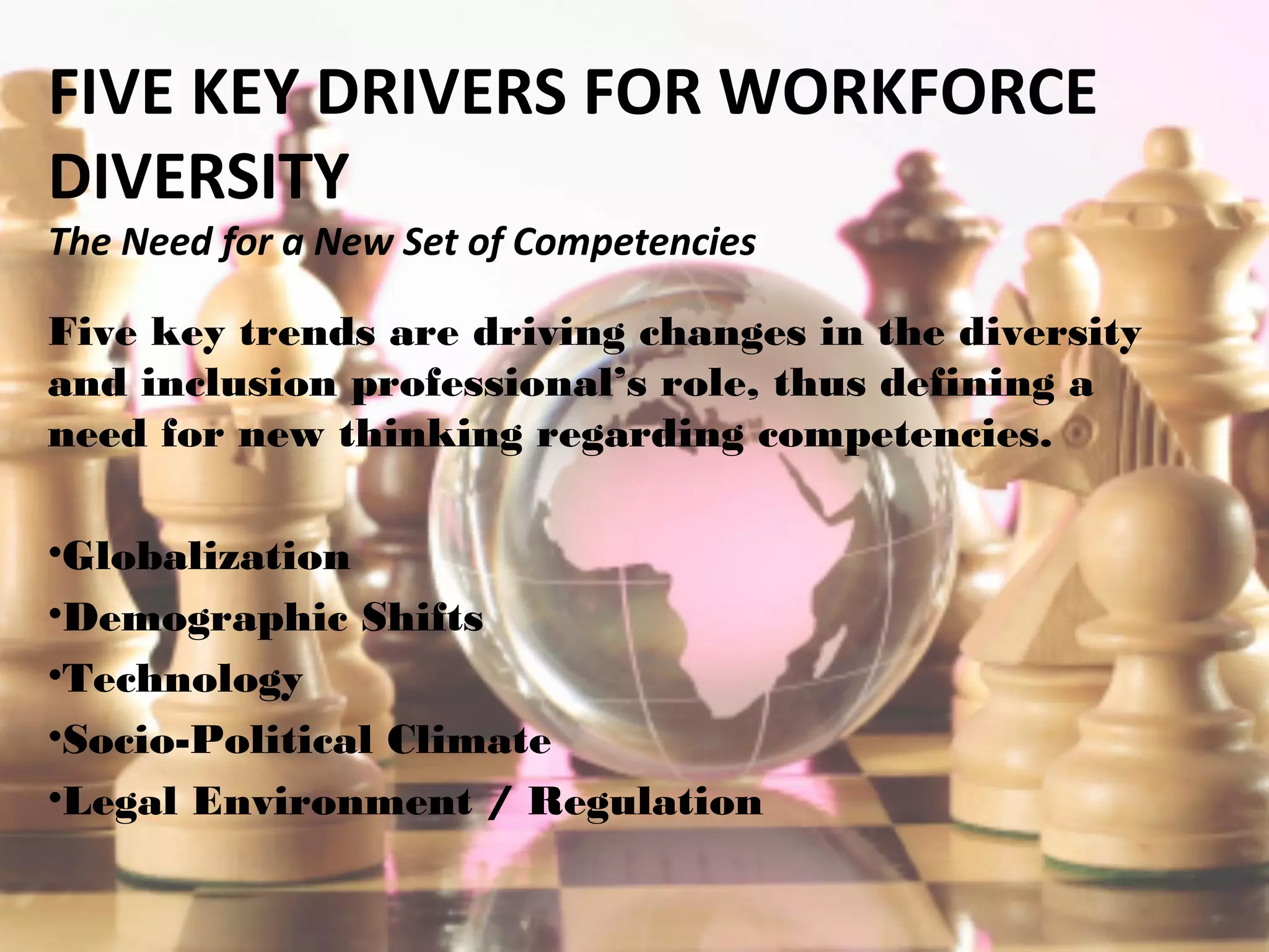 FIVE KEY DRIVERS FOR WORKFORCE
DIVERSITY
The Need for a New Set of Competencies
Five key trends are driving changes in the diversity
and inclusion professional’s role, thus defining a
need for new thinking regarding competencies.
•Globalization
•Demographic Shifts
•Technology
•Socio-Political Climate
•Legal Environment / Regulation
 