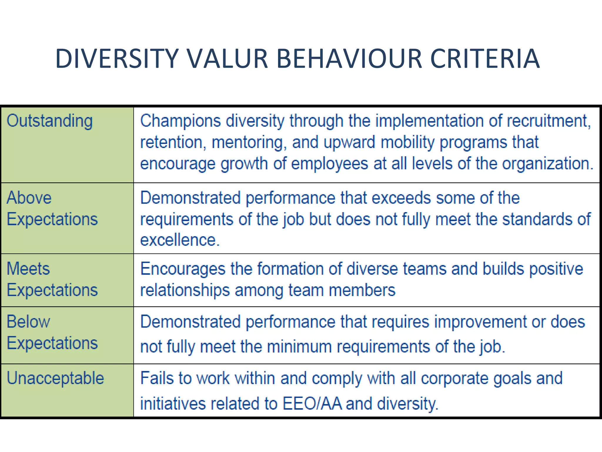 DIVERSITY VALUR BEHAVIOUR CRITERIA
 