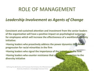 ROLE OF MANAGEMENT
Leadership Involvement as Agents of Change
Consistent and sustained attention and investment from the senior leaders
of the organization will have a positive impact on psychological outcomes
for employees which will increase the effectiveness of a workforce diversity
initiative:
•Having leaders who proactively address the power dynamics that hinder
progression for racial minorities in the firm
•Having leaders who signal the importance of the initiative to the firm
•Having leaders who counter resistance that can occur in reaction to the
diversity initiative
Defining the Attributes and Processes that Enhance the Effectiveness of Workforce
Diversity Initiatives in Knowledge Intensive Firms
 
