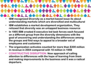 • IBM recognized Diversity as a market based issue its about
understanding markets which are diversified and multicultural
• IBM establishes a market development organization, They
relizaed that diversity was an untapped business resource
• In 1995 IBM created 8 executive led task forces each focused
on a different group from the diversity dimensions with the
goal of uncovering and understanding the differences among
the groups and find ways to appeal to a broader set of
employees and customers
• The organization activates counted for more than $300 million
in revenue in 2004 compared with 10 million in 1998
• CONSTRUCTIVE DISRUPTION: New approach of calling
attention to differences with the hope of learning from them
and making improvements to the business and it was a radical
departure.
 