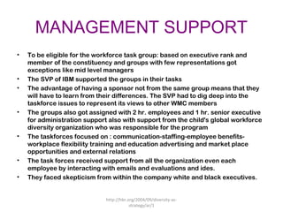 MANAGEMENT SUPPORT
• To be eligible for the workforce task group: based on executive rank and
member of the constituency and groups with few representations got
exceptions like mid level managers
• The SVP of IBM supported the groups in their tasks
• The advantage of having a sponsor not from the same group means that they
will have to learn from their differences. The SVP had to dig deep into the
taskforce issues to represent its views to other WMC members
• The groups also got assigned with 2 hr. employees and 1 hr. senior executive
for administration support also with support from the child's global workforce
diversity organization who was responsible for the program
• The taskforces focused on : communication-staffing-employee benefits-
workplace flexibility training and education advertising and market place
opportunities and external relations
• The task forces received support from all the organization even each
employee by interacting with emails and evaluations and ides.
• They faced skepticism from within the company white and black executives.
http://hbr.org/2004/09/diversity-as-
strategy/ar/1
 