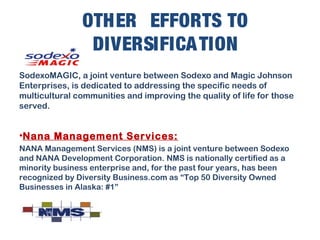 OTHER EFFORTS TO
DIVERSIFICATION
SodexoMAGIC, a joint venture between Sodexo and Magic Johnson
Enterprises, is dedicated to addressing the specific needs of
multicultural communities and improving the quality of life for those
served.
•Nana Management Services:
NANA Management Services (NMS) is a joint venture between Sodexo
and NANA Development Corporation. NMS is nationally certified as a
minority business enterprise and, for the past four years, has been
recognized by Diversity Business.com as “Top 50 Diversity Owned
Businesses in Alaska: #1”
 