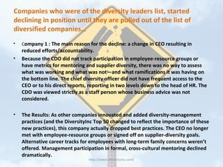 Companies who were of the diversity leaders list, started
declining in position until they are pulled out of the list of
diversified companies…
• Company 1 : The main reason for the decline: a change in CEO resulting in
reduced efforts/accountability.
• Because the CDO did not track participation in employee-resource groups or
have metrics for mentoring and supplier diversity, there was no way to assess
what was working and what was not—and what ramifications it was having on
the bottom line. The chief diversity officer did not have frequent access to the
CEO or to his direct reports, reporting in two levels down to the head of HR. The
CDO was viewed strictly as a staff person whose business advice was not
considered.
• The Results: As other companies innovated and added diversity-management
practices (and the DiversityInc Top 50 changed to reflect the importance of these
new practices), this company actually dropped best practices. The CEO no longer
met with employee-resource groups or signed off on supplier-diversity goals.
Alternative career tracks for employees with long-term family concerns weren’t
offered. Management participation in formal, cross-cultural mentoring declined
dramatically.
http://www.diversityinc.com/
 