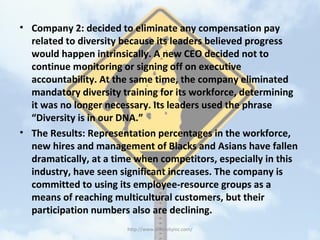 • Company 2: decided to eliminate any compensation pay
related to diversity because its leaders believed progress
would happen intrinsically. A new CEO decided not to
continue monitoring or signing off on executive
accountability. At the same time, the company eliminated
mandatory diversity training for its workforce, determining
it was no longer necessary. Its leaders used the phrase
“Diversity is in our DNA.”
• The Results: Representation percentages in the workforce,
new hires and management of Blacks and Asians have fallen
dramatically, at a time when competitors, especially in this
industry, have seen significant increases. The company is
committed to using its employee-resource groups as a
means of reaching multicultural customers, but their
participation numbers also are declining.
http://www.diversityinc.com/
 