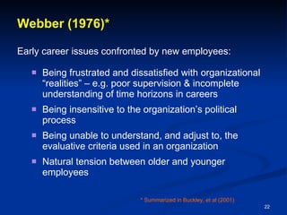 Webber (1976)* Early career issues confronted by new employees: Being frustrated and dissatisfied with organizational “realities” – e.g. poor supervision & incomplete understanding of time horizons in careers Being insensitive to the organization’s political process Being unable to understand, and adjust to, the evaluative criteria used in an organization Natural tension between older and younger employees * Summarized in Buckley, et al (2001) 