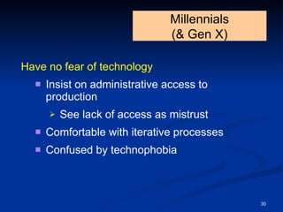 Have no fear of technology Insist on administrative access to production See lack of access as mistrust Comfortable with iterative processes Confused by technophobia Generation Y + X Millennials  (& Gen X) 