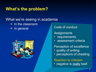 What’s the problem? What we’re seeing in academia In the classroom In general Code of conduct Assignments requirements assessment criteria Perception of excellence quality of writing  perceptions of cheating Reaction to criticism negative is  really  bad! 