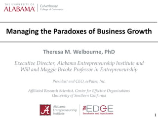 1
Theresa M. Welbourne, PhD
Executive Director, Alabama Entrepreneurship Institute and
Will and Maggie Brooke Professor in Entrepreneurship
President and CEO, eePulse, Inc.
Affiliated Research Scientist, Center for Effective Organizations
University of Southern California
Managing the Paradoxes of Business Growth
 