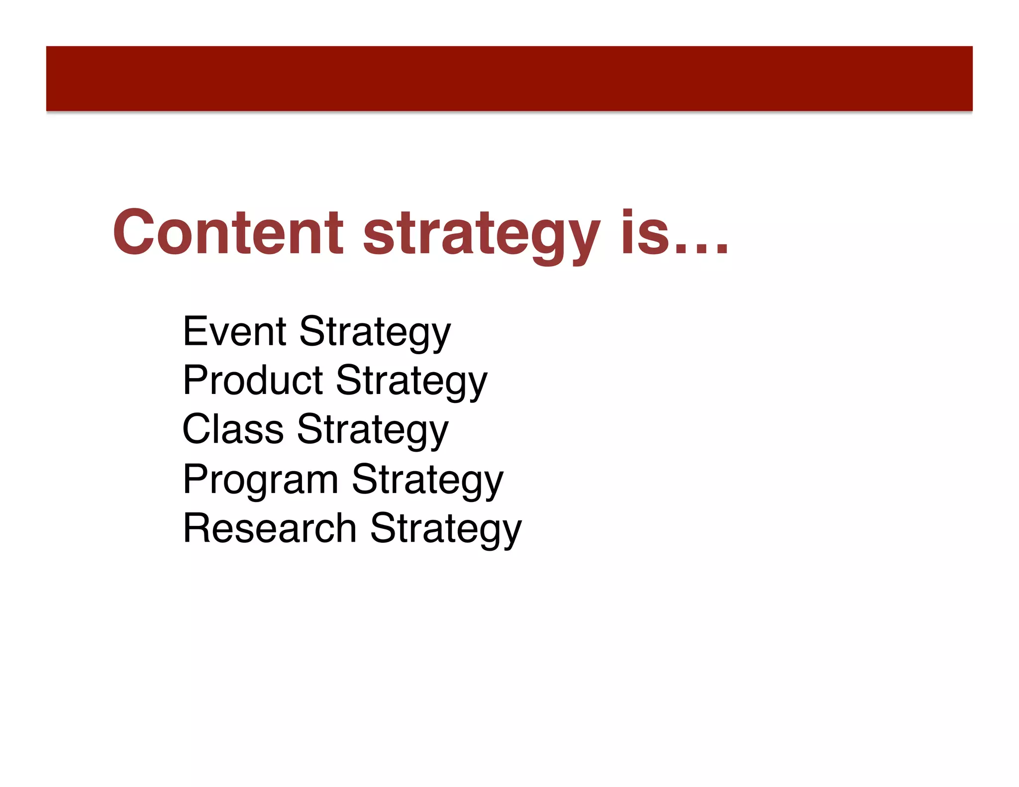 Content strategy is…
Event Strategy
Product Strategy
Class Strategy
Program Strategy
Research Strategy
 