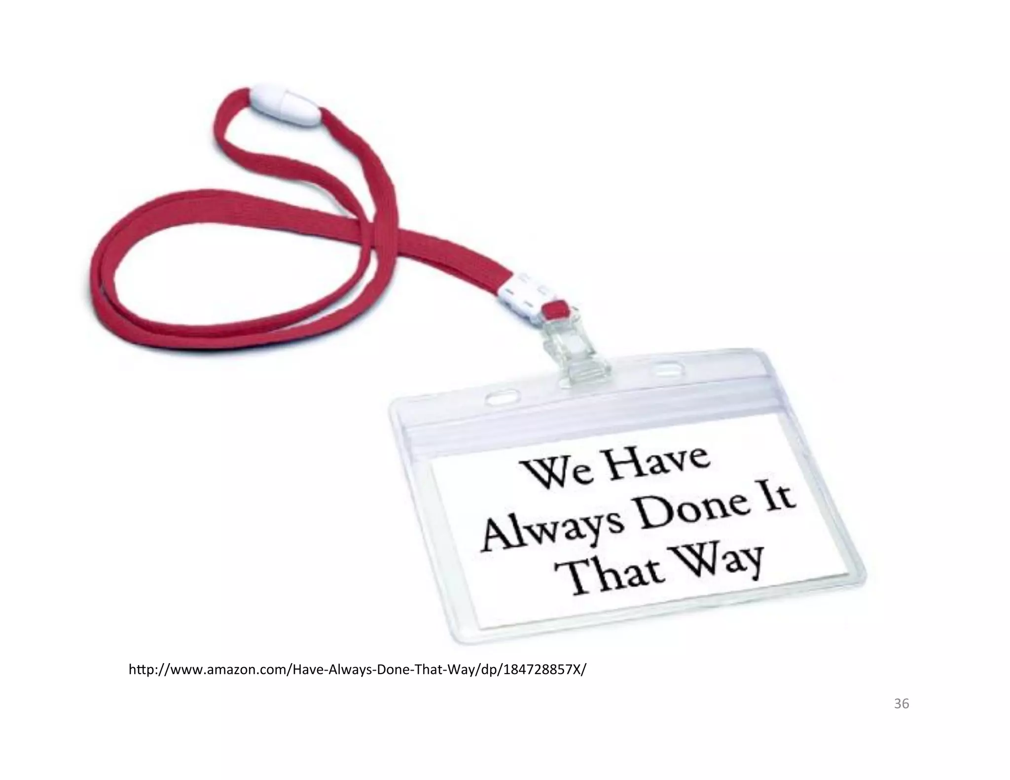 36	
  
h"p://www.amazon.com/Have-­‐Always-­‐Done-­‐That-­‐Way/dp/184728857X/	
  
 