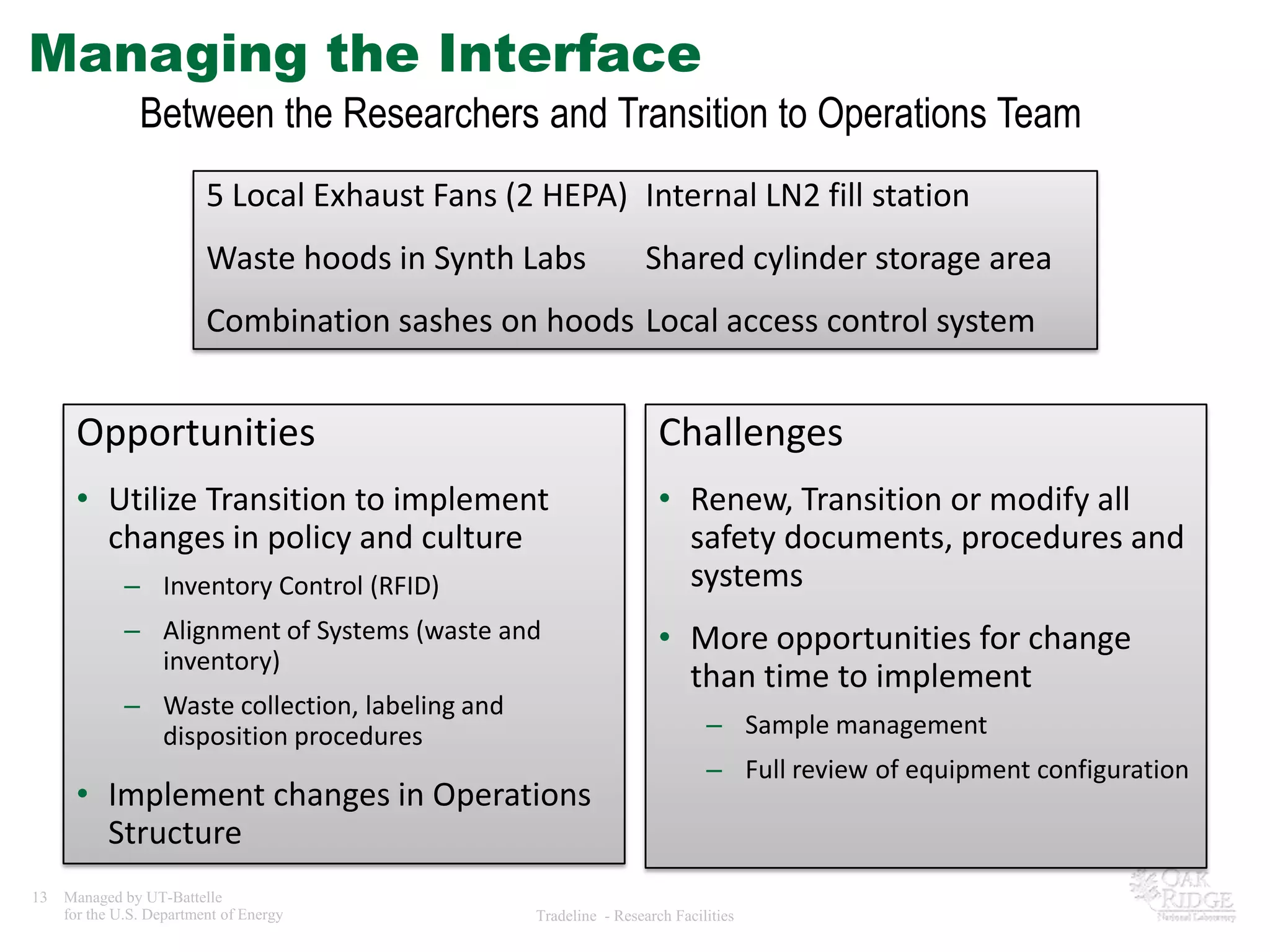 Managing the Interface
                Between the Researchers and Transition to Operations Team
                          5 Local Exhaust Fans (2 HEPA) Internal LN2 fill station
                          Waste hoods in Synth Labs               Shared cylinder storage area
                          Combination sashes on hoods Local access control system


      Opportunities                                                 Challenges
      • Utilize Transition to implement                             • Renew, Transition or modify all
        changes in policy and culture                                 safety documents, procedures and
              – Inventory Control (RFID)                              systems
              – Alignment of Systems (waste and                     • More opportunities for change
                inventory)
                                                                      than time to implement
              – Waste collection, labeling and
                disposition procedures                                     – Sample management
                                                                           – Full review of equipment configuration
      • Implement changes in Operations
        Structure
13   Managed by UT-Battelle
     for the U.S. Department of Energy           Tradeline - Research Facilities
 