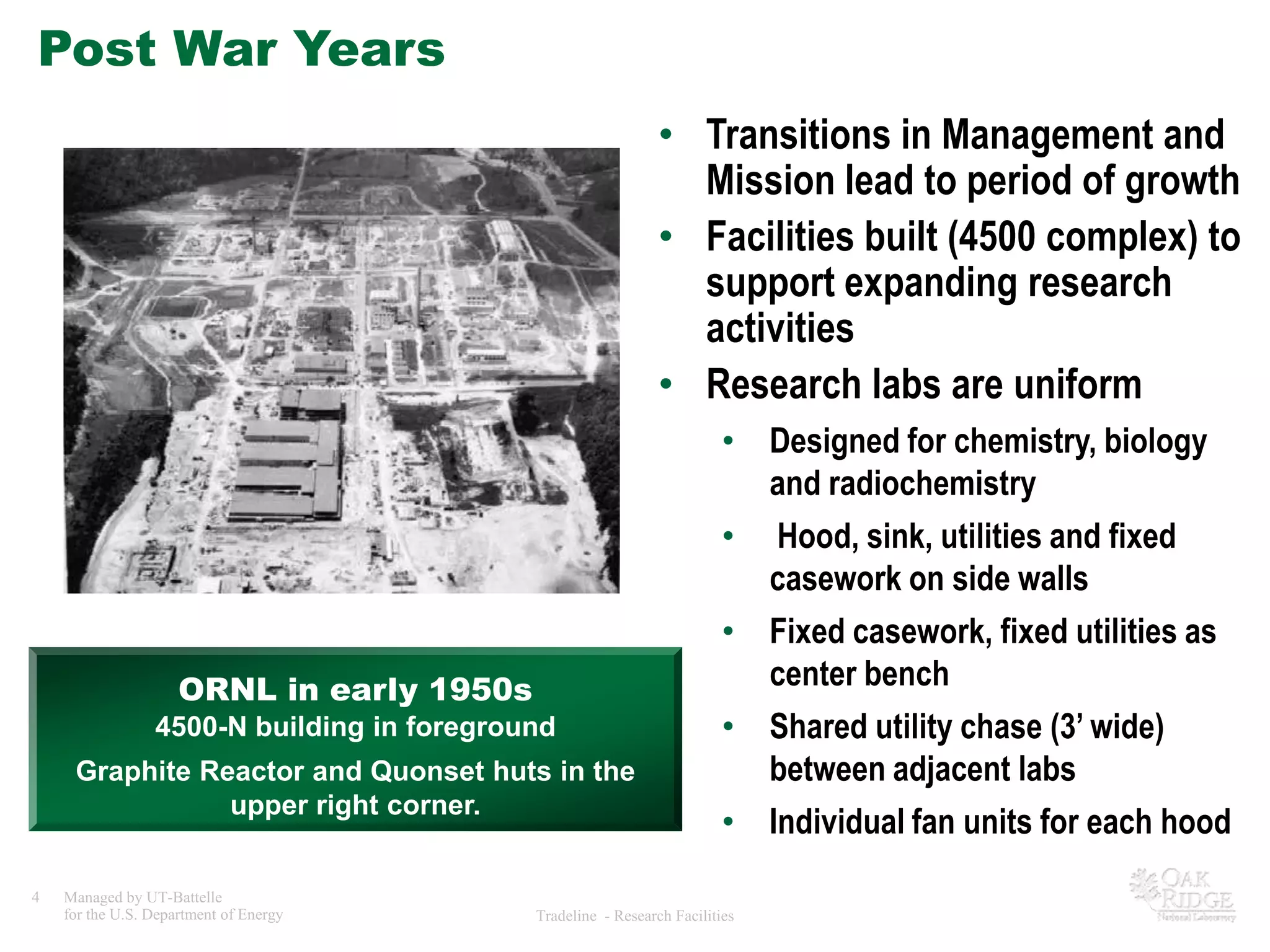 Post War Years
                                                               • Transitions in Management and
                                                                 Mission lead to period of growth
                                                               • Facilities built (4500 complex) to
                                                                 support expanding research
                                                                 activities
                                                               • Research labs are uniform
                                                                         • Designed for chemistry, biology
                                                                           and radiochemistry
                                                                         • Hood, sink, utilities and fixed
                                                                           casework on side walls
                                                                         • Fixed casework, fixed utilities as
                     ORNL in early 1950s                                   center bench
                 4500-N building in foreground                           • Shared utility chase (3’ wide)
     Graphite Reactor and Quonset huts in the                              between adjacent labs
                upper right corner.
                                                                         • Individual fan units for each hood
4   Managed by UT-Battelle
    for the U.S. Department of Energy       Tradeline - Research Facilities
 