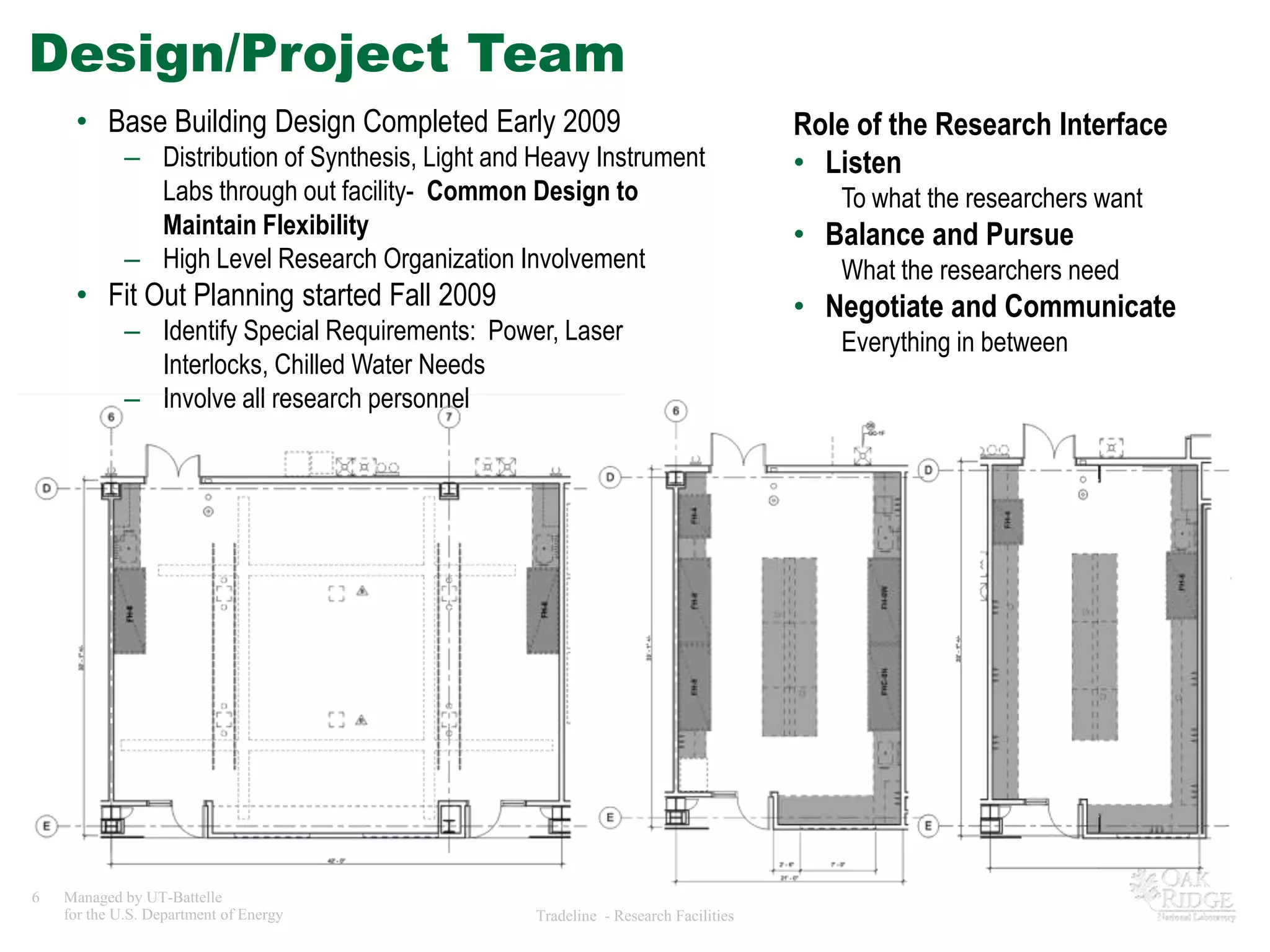 Design/Project Team
     • Base Building Design Completed Early 2009                                     Role of the Research Interface
             – Distribution of Synthesis, Light and Heavy Instrument                 • Listen
               Labs through out facility- Common Design to                              To what the researchers want
               Maintain Flexibility                                                  • Balance and Pursue
             – High Level Research Organization Involvement                             What the researchers need
     • Fit Out Planning started Fall 2009                                            • Negotiate and Communicate
             – Identify Special Requirements: Power, Laser                              Everything in between
               Interlocks, Chilled Water Needs
             – Involve all research personnel




6   Managed by UT-Battelle
    for the U.S. Department of Energy              Tradeline - Research Facilities
 