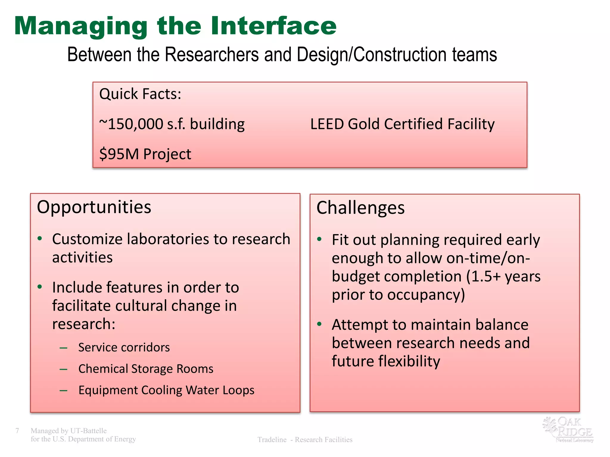 Managing the Interface
               Between the Researchers and Design/Construction teams
                         Quick Facts:
                         ~150,000 s.f. building                    LEED Gold Certified Facility
                         $95M Project


     Opportunities                                                   Challenges
     • Customize laboratories to research                            • Fit out planning required early
       activities                                                      enough to allow on-time/on-
                                                                       budget completion (1.5+ years
     • Include features in order to                                    prior to occupancy)
       facilitate cultural change in
       research:                                                     • Attempt to maintain balance
             – Service corridors                                       between research needs and
             – Chemical Storage Rooms                                  future flexibility
             – Equipment Cooling Water Loops

7   Managed by UT-Battelle
    for the U.S. Department of Energy             Tradeline - Research Facilities
 