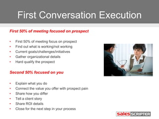 First Conversation Execution
First 50% of meeting focused on prospect
• First 50% of meeting focus on prospect
• Find out what is working/not working
• Current goals/challenges/initiatives
• Gather organizational details
• Hard qualify the prospect
Second 50% focused on you
• Explain what you do
• Connect the value you offer with prospect pain
• Share how you differ
• Tell a client story
• Share ROI details
• Close for the next step in your process
 