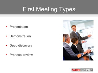 First Meeting Types
• Presentation
• Demonstration
• Deep discovery
• Proposal review
 
