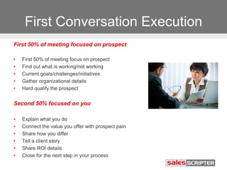 First Conversation Execution
First 50% of meeting focused on prospect
• First 50% of meeting focus on prospect
• Find out ...