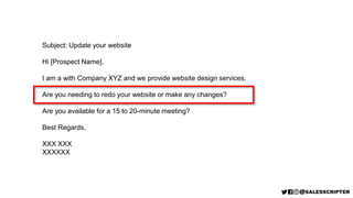 Subject: Update your website
Hi [Prospect Name],
I am a with Company XYZ and we provide website design services.
Are you needing to redo your website or make any changes?
Are you available for a 15 to 20-minute meeting?
Best Regards,
XXX XXX
XXXXXX
 
