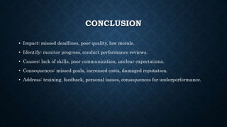 CONCLUSION
• Impact: missed deadlines, poor quality, low morale.
• Identify: monitor progress, conduct performance reviews.
• Causes: lack of skills, poor communication, unclear expectations.
• Consequences: missed goals, increased costs, damaged reputation.
• Address: training, feedback, personal issues, consequences for underperformance.
 