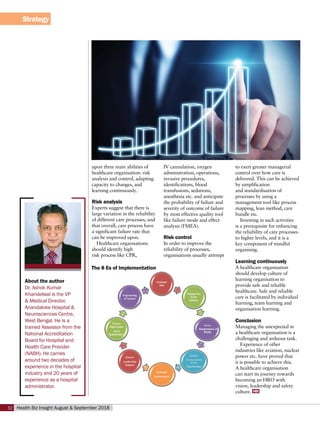 Strategy
32 Health Biz Insight August & September 2018
upon three main abilities of
healthcare organisation: risk
analysis and control, adapting
capacity to changes, and
learning continuously.
Risk analysis
Experts suggest that there is
large variation in the reliability
of different care processes, and
that overall, care process have
a significant failure rate that
can be improved upon.
Healthcare organisations
should identify high
risk process like CPR,
IV cannulation, oxygen
administration, operations,
invasive procedures,
identifications, blood
transfusions, sedations,
anesthesia etc. and anticipate
the probability of failure and
severity of outcome of failure
by most effective quality tool
like failure mode and effect
analysis (FMEA).
Risk control
In order to improve the
reliability of processes,
organisations usually attempt
to exert greater managerial
control over how care is
delivered. This can be achieved
by simplification
and standardisation of
processes by using a
management tool like process
mapping, lean method, care
bundle etc.
Investing in such activities
is a prerequisite for enhancing
the reliability of care processes
to higher levels, and it is a
key component of mindful
organising.
Learning continuously
A healthcare organisation
should develop culture of
learning organisation to
provide safe and reliable
healthcare. Safe and reliable
care is facilitated by individual
learning, team learning and
organisation learning.
Conclusion
Managing the unexpected in
a healthcare organisation is a
challenging and arduous task.
Experience of other
industries like aviation, nuclear
power etc. have proved that
it is possible to achieve this.
A healthcare organisation
can start its journey towards
becoming an HRO with
vision, leadership and safety
culture. HBI
About the author
Dr. Ashok Kumar
Khandelwal is the VP
& Medical Director,
Anandaloke Hospital &
Neurosciences Centre,
West Bengal. He is a
trained Assessor from the
National Accreditation
Board for Hospital and
Health Care Provider
(NABH). He carries
around two decades of
experience in the hospital
industry and 20 years of
experience as a hospital
administrator.
The 8 Es of Implementation
 
