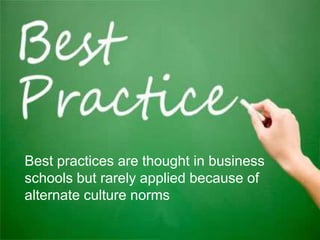 20
Best practices are thought in business
schools but rarely applied because of
alternate culture norms
 