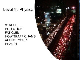 26
STRESS,
POLLUTION,
FATIGUE:
HOW TRAFFIC JAMS
AFFECT YOUR
HEALTH
Level 1 : Physical
 