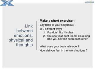 Link
between
emotions,
physical and
thoughts
Make a short exercise :
Say hello to your neighbour,
in 2 different ways
1. You don’t like him/her
2. You see your best friend, it’s a long
time you haven’t seen each other.
What does your body tells you ?
How did you feel in the two situations ?
 