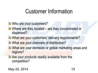 May 22, 2014 13
Customer Information
Who are your customers?
Where are they located – are they concentrated or
dispersed?
What are your customers’ delivery requirements?
What are your channels of distribution?
What are your domestic or global marketing areas and
regions?
Are your products readily available from the
competition?
 