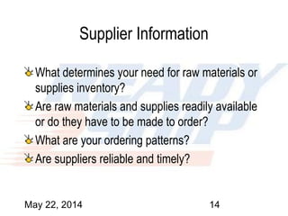 May 22, 2014 14
Supplier Information
What determines your need for raw materials or
supplies inventory?
Are raw materials and supplies readily available
or do they have to be made to order?
What are your ordering patterns?
Are suppliers reliable and timely?
 