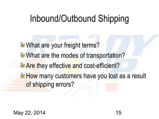 May 22, 2014 15
Inbound/Outbound Shipping
What are your freight terms?
What are the modes of transportation?
Are they effective and cost-efficient?
How many customers have you lost as a result
of shipping errors?
 