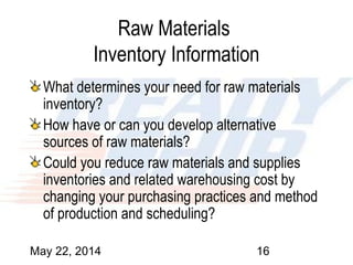 May 22, 2014 16
Raw Materials
Inventory Information
What determines your need for raw materials
inventory?
How have or can you develop alternative
sources of raw materials?
Could you reduce raw materials and supplies
inventories and related warehousing cost by
changing your purchasing practices and method
of production and scheduling?
 