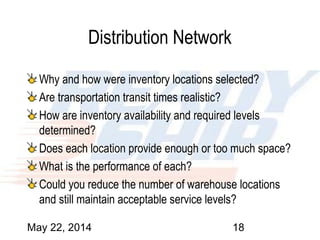 May 22, 2014 18
Distribution Network
Why and how were inventory locations selected?
Are transportation transit times realistic?
How are inventory availability and required levels
determined?
Does each location provide enough or too much space?
What is the performance of each?
Could you reduce the number of warehouse locations
and still maintain acceptable service levels?
 