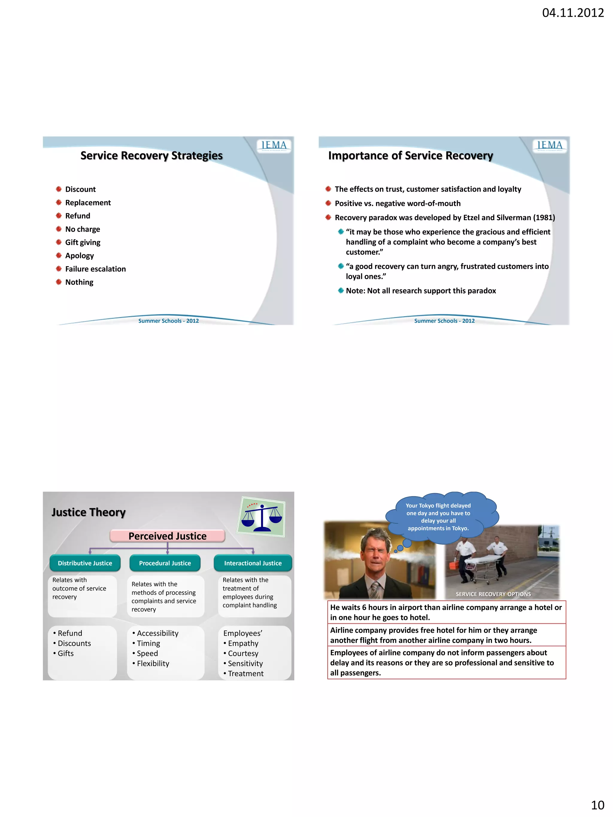 04.11.2012




         Service Recovery Strategies                                       Importance of Service Recovery

    Discount                                                                The effects on trust, customer satisfaction and loyalty
    Replacement                                                             Positive vs. negative word-of-mouth
    Refund                                                                  Recovery paradox was developed by Etzel and Silverman (1981)
    No charge                                                                  “it may be those who experience the gracious and efficient
    Gift giving                                                                handling of a complaint who become a company’s best
    Apology                                                                    customer.”

    Failure escalation                                                         “a good recovery can turn angry, frustrated customers into
                                                                               loyal ones.”
    Nothing
                                                                               Note: Not all research support this paradox


                           Summer Schools - 2012                                                    Summer Schools - 2012




                                                                                                 Your Tokyo flight delayed
Justice Theory                                                                                   one day and you have to
                                                                                                       delay your all
                                                                                                  appointments in Tokyo.
                         Perceived Justice

 Distributive Justice      Procedural Justice      Interactional Justice

Relates with                                       Relates with the
                         Relates with the
outcome of service                                 treatment of
                         methods of processing                                                                      SERVICE RECOVERY OPTIONS
recovery                                           employees during
                         complaints and service
                                                   complaint handling      He waits 6 hours in airport than airline company arrange a hotel or
                         recovery
                                                                           in one hour he goes to hotel.
• Refund                 • Accessibility           Employees’              Airline company provides free hotel for him or they arrange
• Discounts              • Timing                  • Empathy               another flight from another airline company in two hours.
• Gifts                  • Speed                   • Courtesy              Employees of airline company do not inform passengers about
                         • Flexibility             • Sensitivity           delay and its reasons or they are so professional and sensitive to
                           Summer Schools - 2012   • Treatment             all passengers.




                                                                                                                                                      10
 