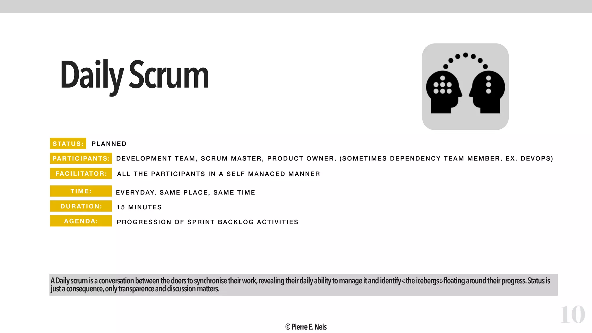 DailyScrum
10
PLAN NED
DEVELOPM ENT TEAM, SCRUM M ASTER, PRODUCT OWNER , (SOME TIMES DE PE NDE NCY TEAM MEMBER, EX. DEVOPS)
EVERY DAY, SAME PLACE, SAME TI ME
15 MINUTES
PR OGRES SION OF SPRINT BACKLOG ACT IVITIES
ADailyscrumisaconversationbetweenthedoerstosynchronisetheirwork,revealingtheirdailyabilitytomanageitandidentify« theicebergs »floatingaroundtheirprogress.Statusis
justaconsequence,onlytransparenceanddiscussionmatters.
ALL THE PARTI CI PANT S IN A SE LF MANAGED MANNER
STATUS:
PARTIC IPANTS:
FA CIL ITAT OR:
TIME :
DURATI ON:
AGEND A:
©PierreE.Neis
 