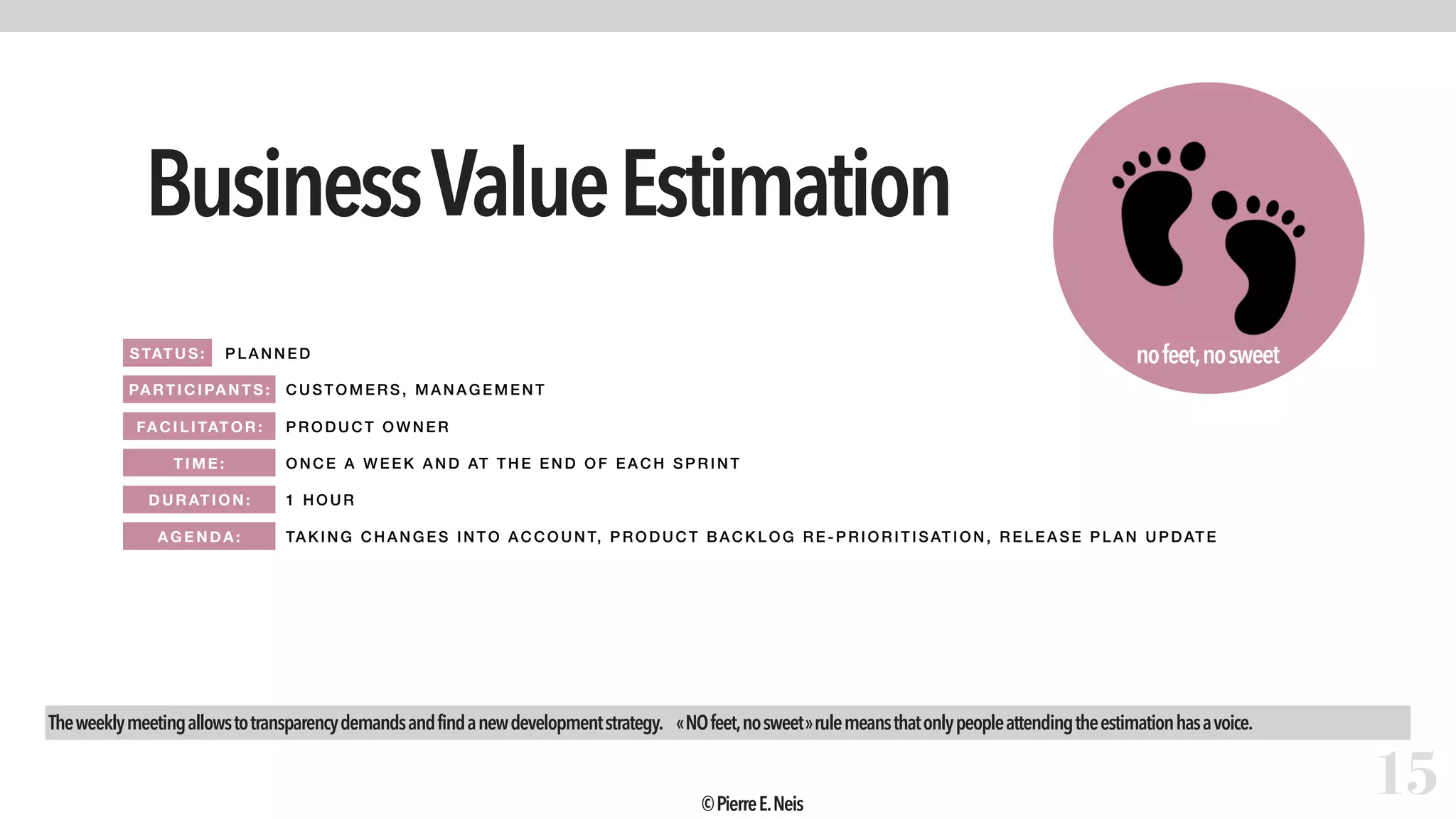 nofeet,nosweet
BusinessValueEstimation
15
PLAN NED
CUS TOM ER S, MANAGE MENT
PR ODUCT OW NER
ONCE A WEEK AND AT THE END OF EACH SPRINT
1 HOUR
TA KING CHANGES I NTO ACCOUNT, PRODUCT BACKLO G R E- PR IOR IT ISAT ION, RE LE ASE PLAN UPDATE
Theweeklymeetingallowstotransparencydemandsandfindanewdevelopmentstrategy. « NOfeet,nosweet »rulemeansthatonlypeopleattendingtheestimationhasavoice.
STATUS:
PARTIC IPANTS:
FA CIL ITAT OR:
TIME :
DURATI ON:
AGEND A:
©PierreE.Neis
 