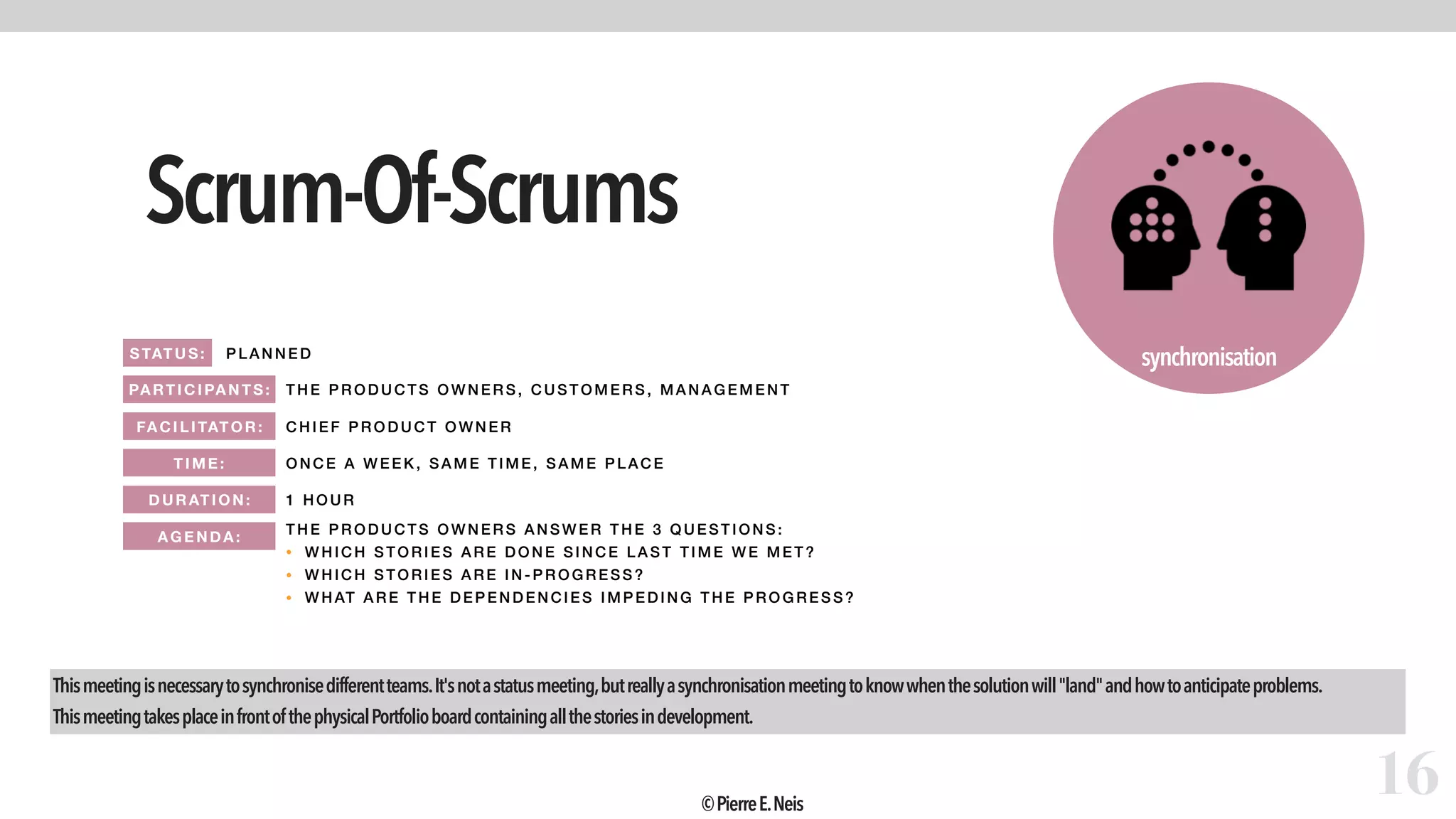synchronisation
Scrum-Of-Scrums
16
PLAN NED
THE P RODUCTS OWNE RS, CUSTOMERS, MANAGEMENT
CHIEF PRO DUCT OWNE R
ONCE A WEEK, SAME T IME, SAME PLACE
1 HOUR
THE P RODUCTS OWNE RS ANSWE R T HE 3 QUESTIONS:
• WHICH STORIES ARE DONE SI NCE LAST TI ME WE ME T?
• WHICH STORIES ARE IN-PROG RE SS?
• WHAT A RE THE DEPENDENCI ES I MPEDING THE PRO GRE SS?
Thismeetingisnecessarytosynchronisedifferentteams.It'snotastatusmeeting,butreallyasynchronisationmeetingtoknowwhenthesolutionwill"land"andhowtoanticipateproblems.
ThismeetingtakesplaceinfrontofthephysicalPortfolioboardcontainingallthestoriesindevelopment.
STATUS:
PARTIC IPANTS:
FA CIL ITAT OR:
TIME :
DURATI ON:
AGEND A:
©PierreE.Neis
 