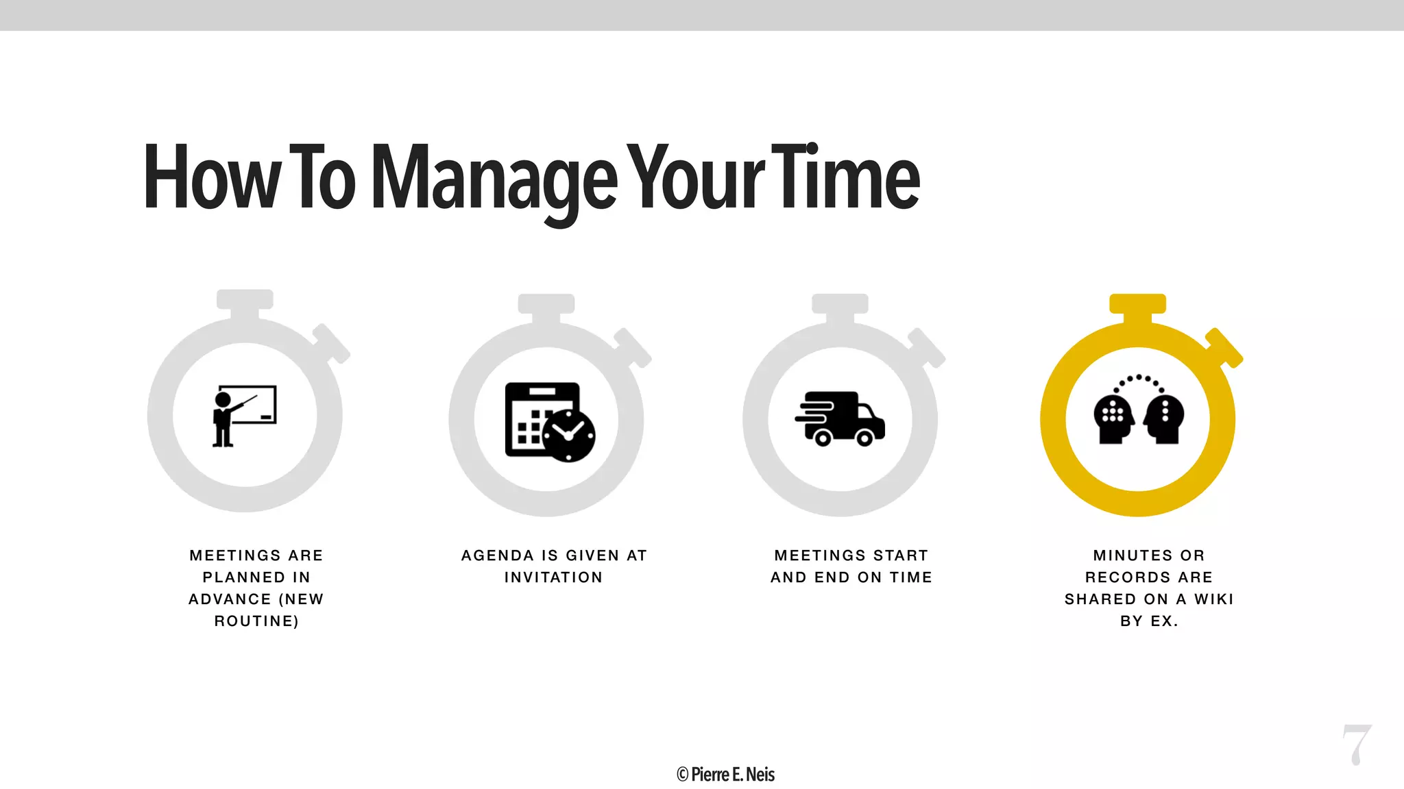 HowToManageYourTime
7
MEETIN GS AR E
PLAN NED IN
ADVA NCE ( NEW
ROU TINE)
AGENDA I S G IVEN AT
INVITATI ON
ME ETI NGS STA RT
AND E ND ON T IME
MINUTE S OR
RE COR DS ARE
SHARE D ON A WIKI
BY E X.
©PierreE.Neis
 