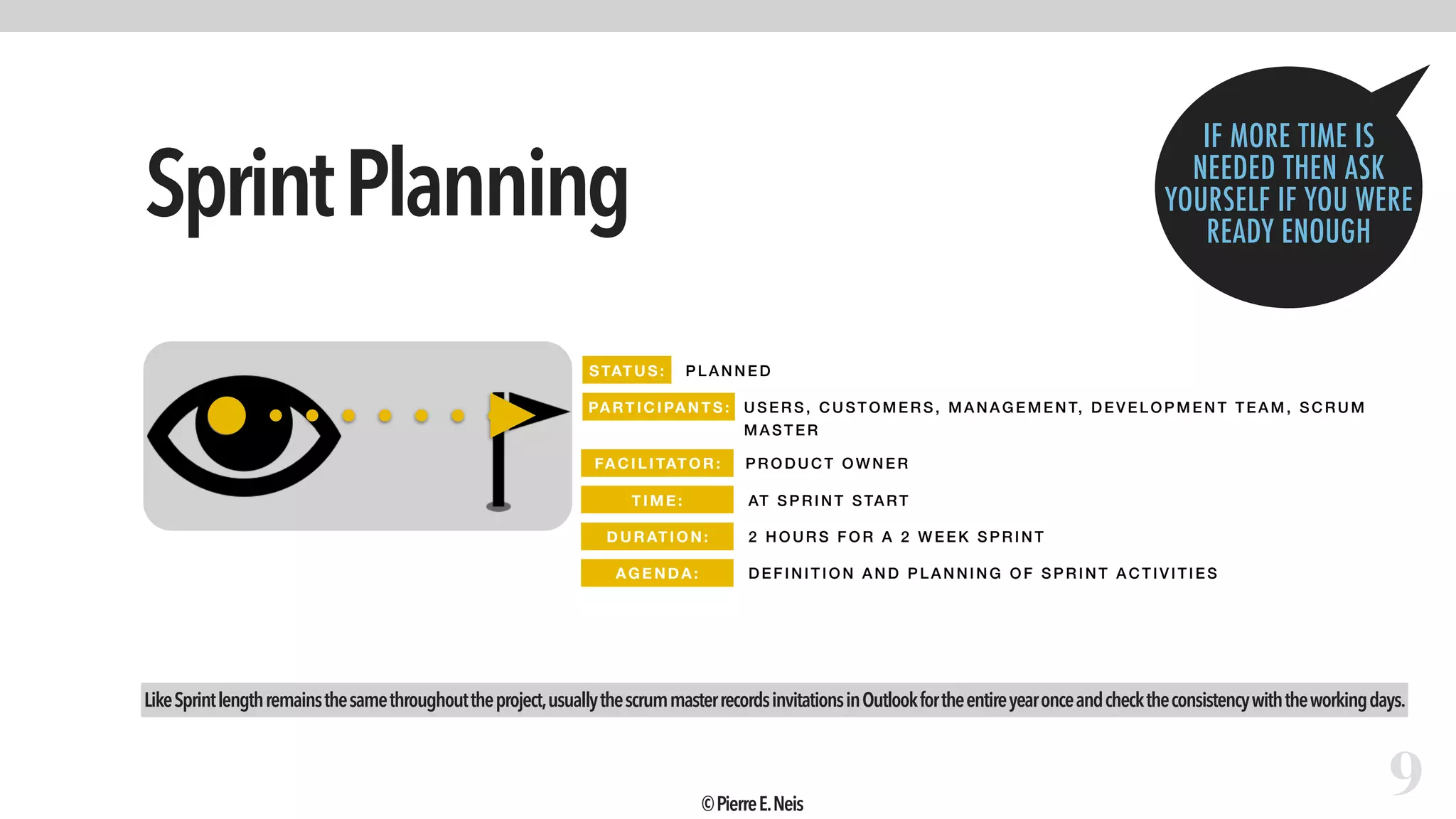 SprintPlanning
9
STATUS: PLANNED
PARTICIPANTS: USERS, CUST OME RS, M ANA GE MENT, DE VE LOP ME NT T EA M, SCR UM
MAST ER
FACI LI TATO R: PRODUCT OWNER
TIME: AT SPRI NT START
DURATIO N: 2 HOURS FOR A 2 WEE K SPRI NT
AGENDA: DEF INITI ON A ND PLANNING OF SPRINT ACTIV ITIE S
LikeSprintlengthremainsthesamethroughouttheproject,usuallythescrummasterrecordsinvitationsinOutlookfortheentireyearonceandchecktheconsistencywiththeworkingdays.
IF MORE TIME IS
NEEDED THEN ASK
YOURSELF IF YOU WERE
READY ENOUGH
©PierreE.Neis
 