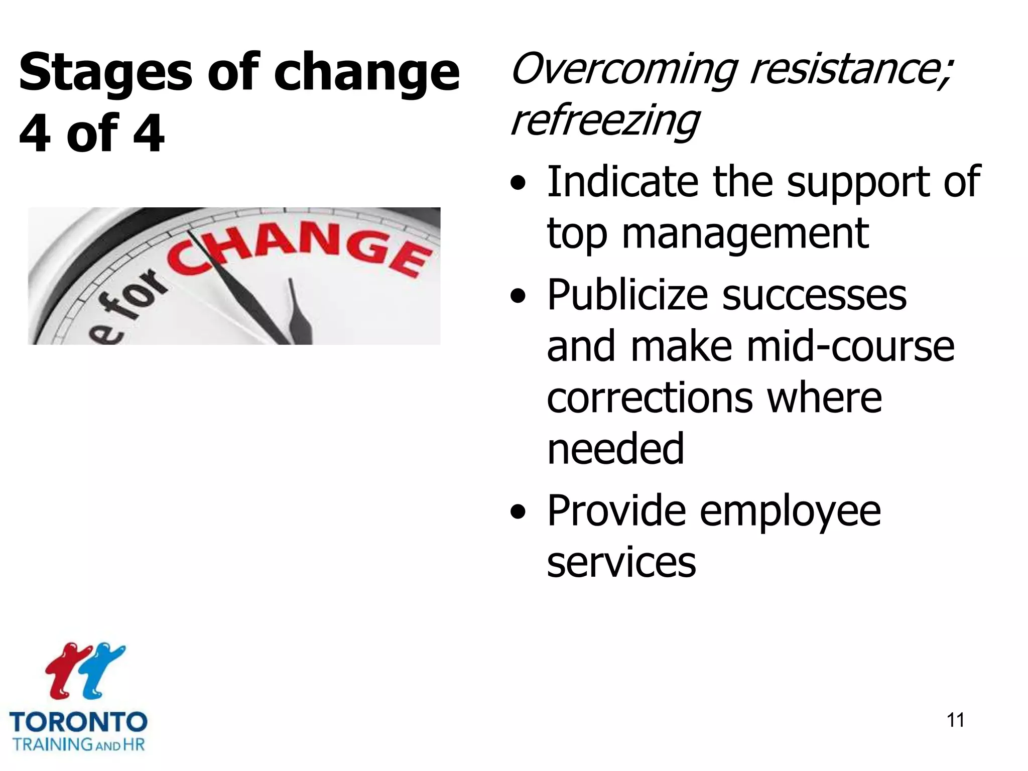 Overcoming resistance; 
refreezing 
• Indicate the support of 
top management 
• Publicize successes 
and make mid-course 
corrections where 
needed 
• Provide employee 
services 
11 
Stages of change 
4 of 4 
 