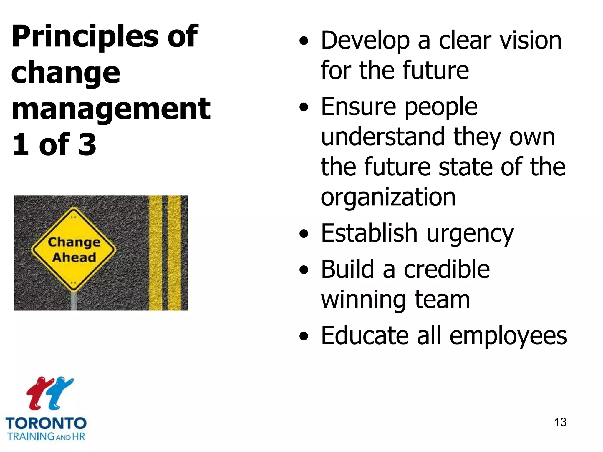 • Develop a clear vision 
for the future 
• Ensure people 
understand they own 
the future state of the 
organization 
• Establish urgency 
• Build a credible 
winning team 
• Educate all employees 
13 
Principles of 
change 
management 
1 of 3 
 