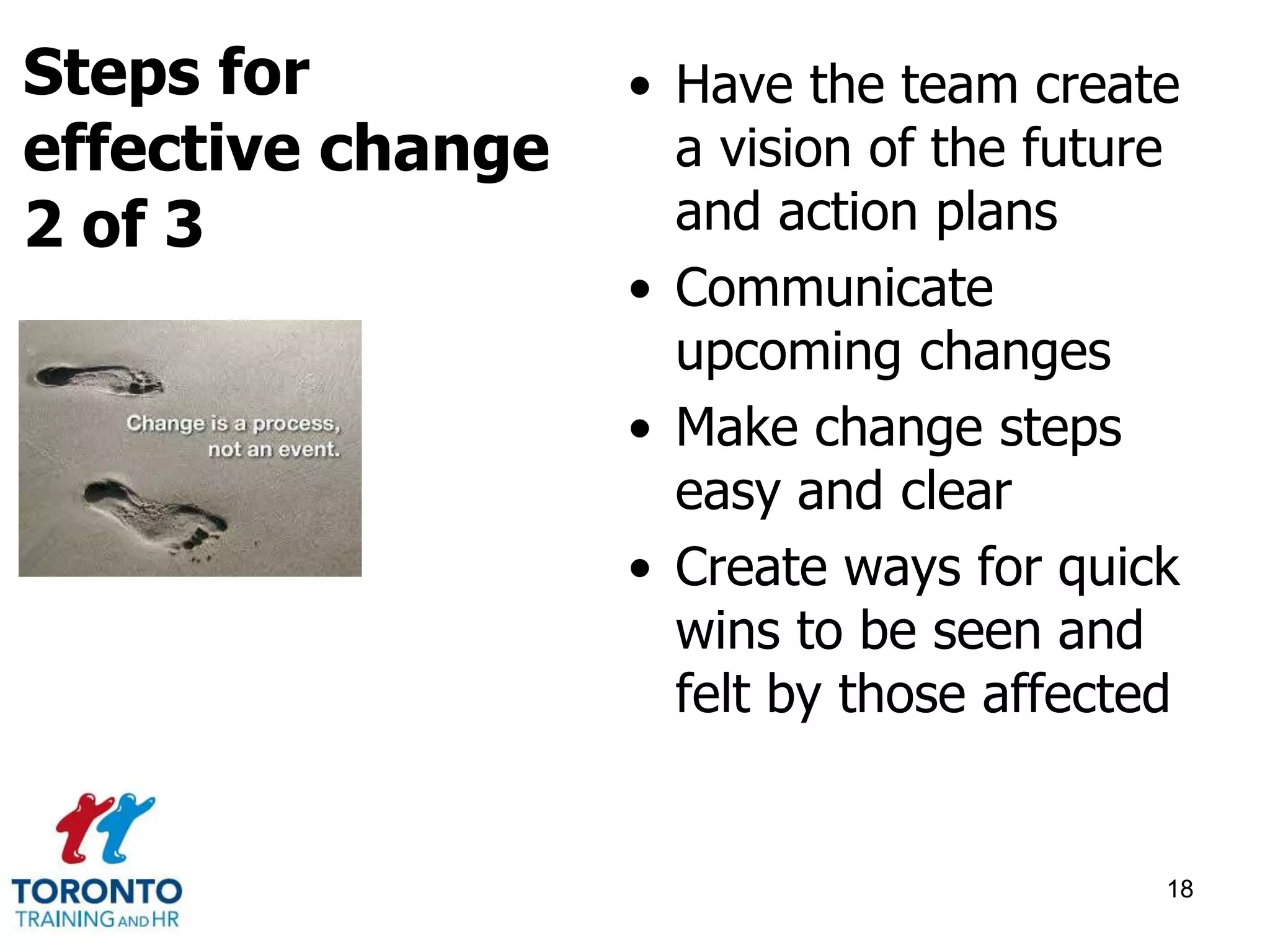 • Have the team create 
a vision of the future 
and action plans 
• Communicate 
upcoming changes 
• Make change steps 
easy and clear 
• Create ways for quick 
wins to be seen and 
felt by those affected 
18 
Steps for 
effective change 
2 of 3 
 