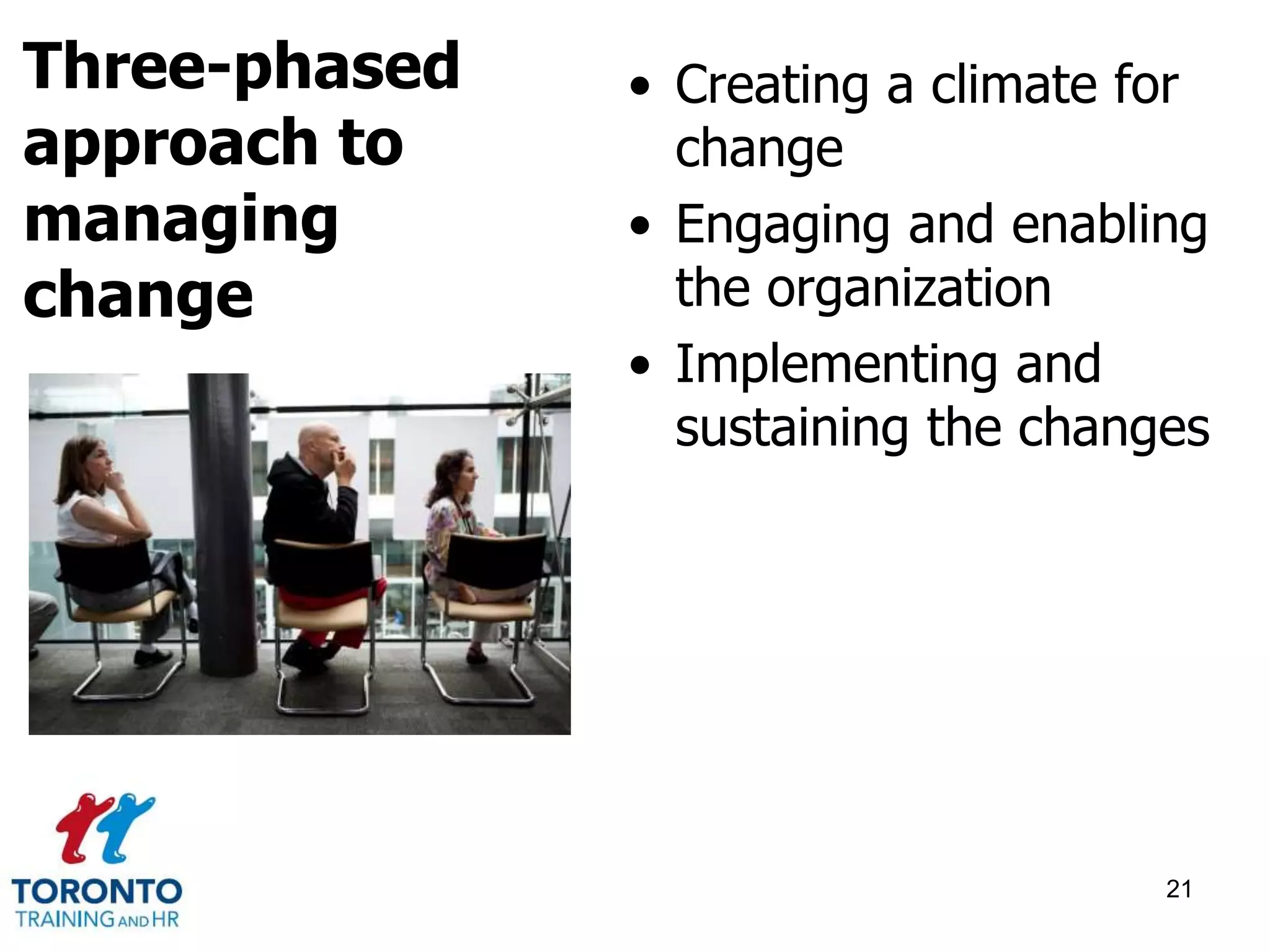 • Creating a climate for 
change 
• Engaging and enabling 
the organization 
• Implementing and 
sustaining the changes 
21 
Three-phased 
approach to 
managing 
change 
 