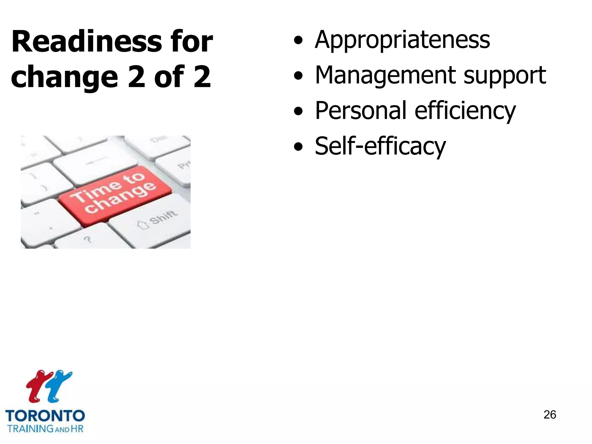 • Appropriateness 
• Management support 
• Personal efficiency 
• Self-efficacy 
26 
Readiness for 
change 2 of 2 
 