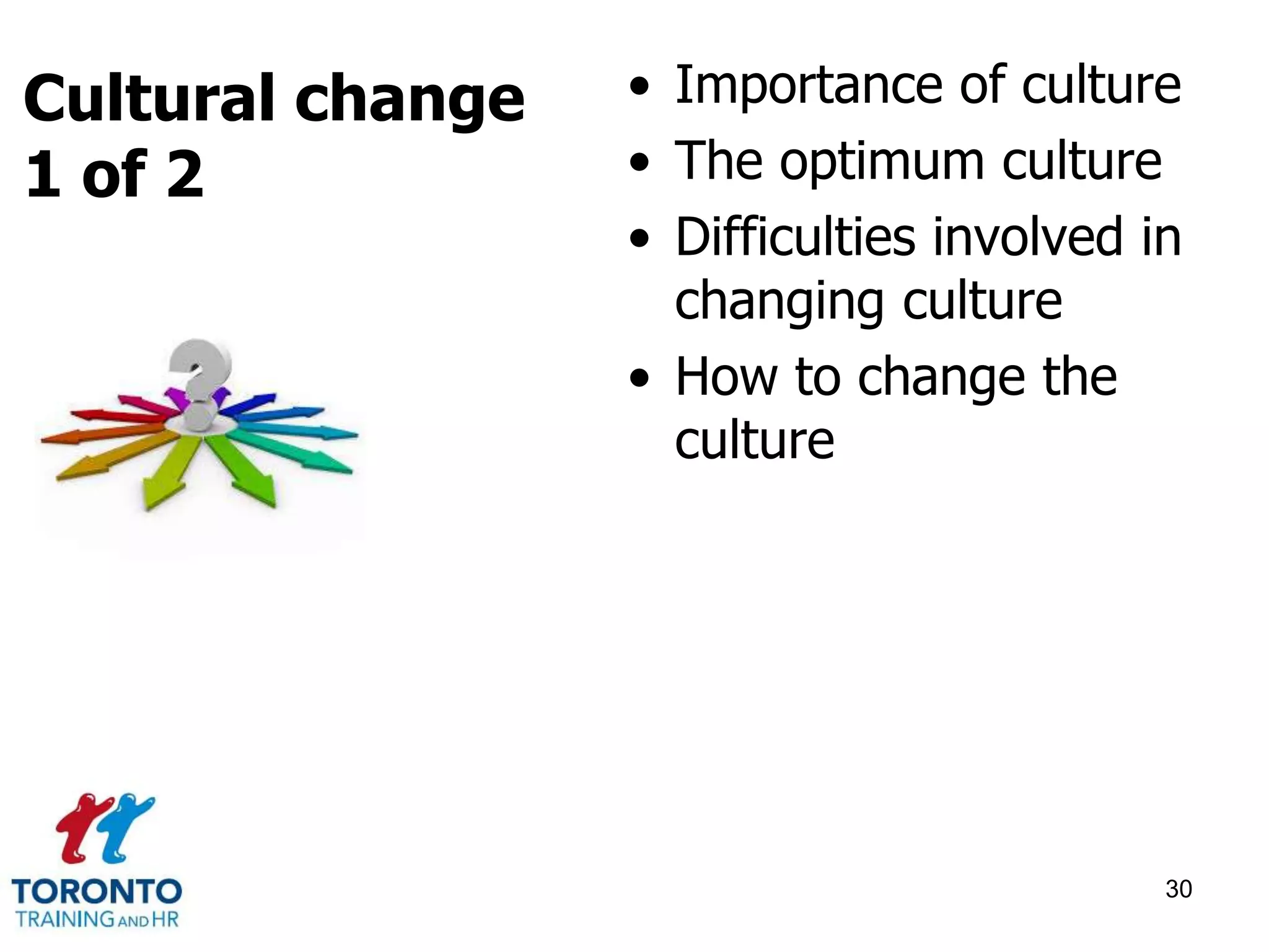 • Importance of culture 
• The optimum culture 
• Difficulties involved in 
changing culture 
• How to change the 
culture 
30 
Cultural change 
1 of 2 
 