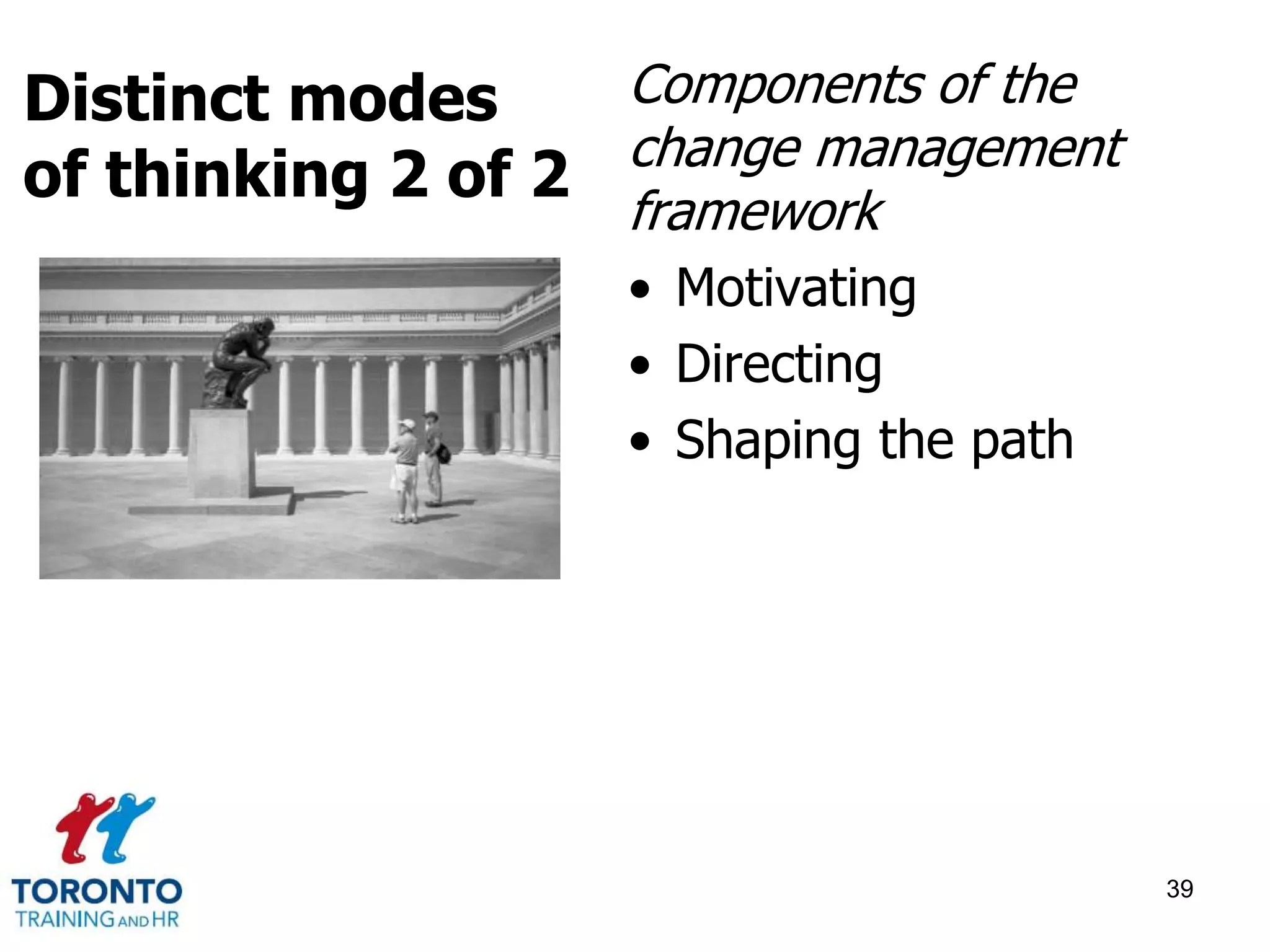 Components of the 
change management 
framework 
• Motivating 
• Directing 
• Shaping the path 
39 
Distinct modes 
of thinking 2 of 2 
 