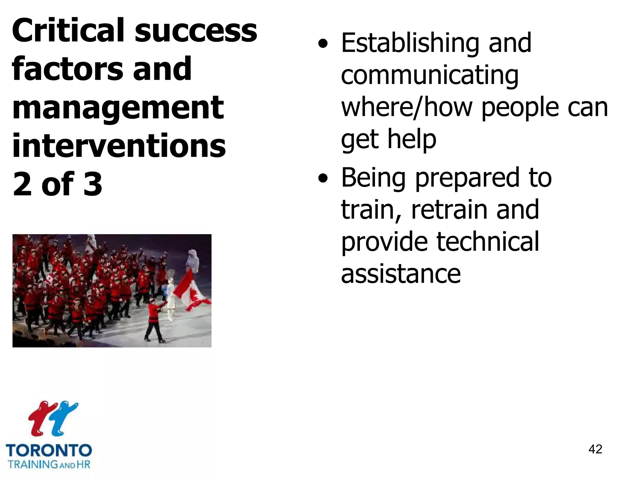 • Establishing and 
communicating 
where/how people can 
get help 
• Being prepared to 
train, retrain and 
provide technical 
assistance 
42 
Critical success 
factors and 
management 
interventions 
2 of 3 
 