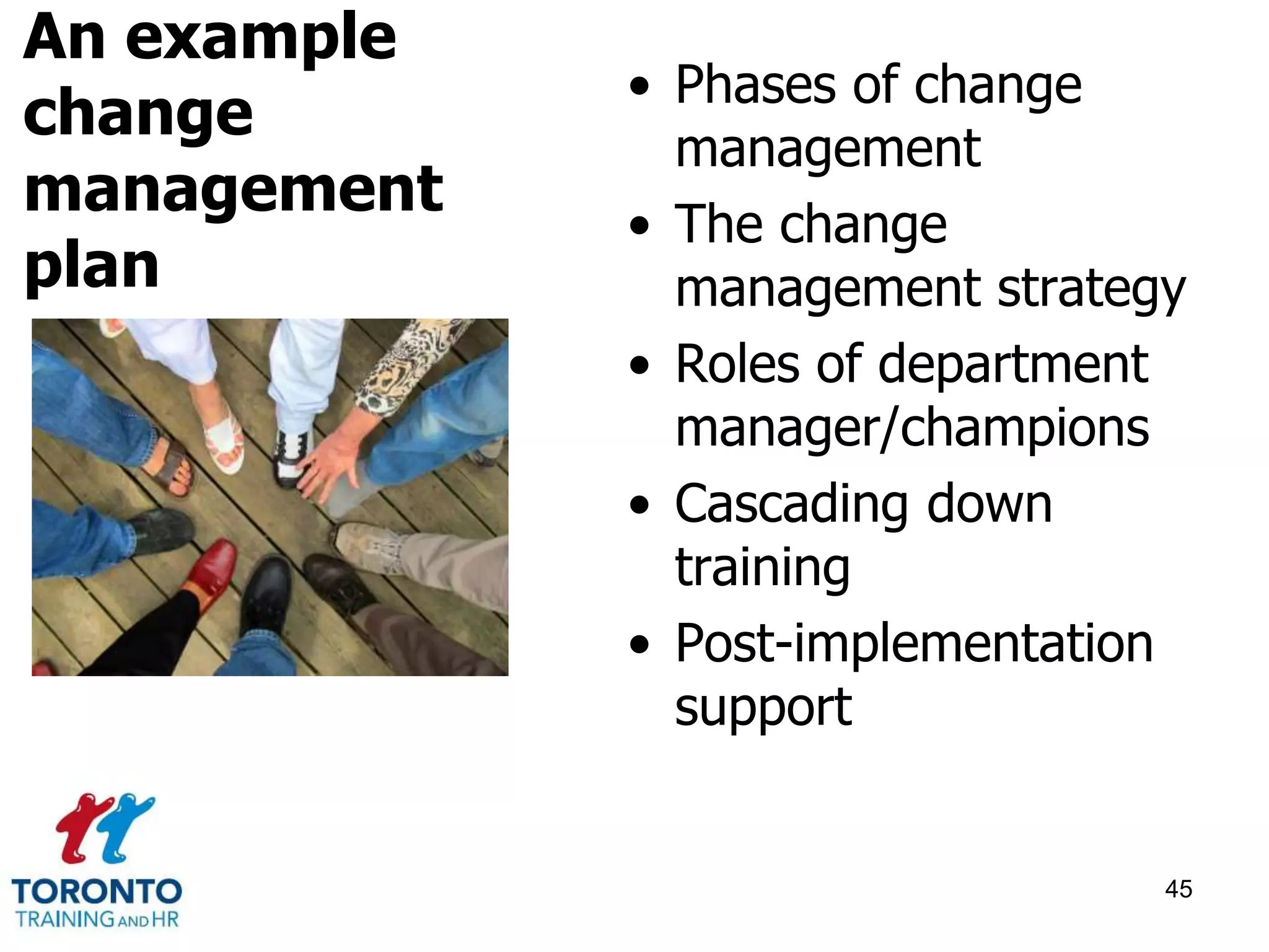 • Phases of change 
management 
• The change 
management strategy 
• Roles of department 
manager/champions 
• Cascading down 
training 
• Post-implementation 
support 
45 
An example 
change 
management 
plan 
 