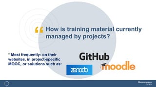 “
libereurope.eu
CC BY
How is training material currently
managed by projects?
* Most frequently: on their
websites, in project-specific
MOOC, or solutions such as:
 