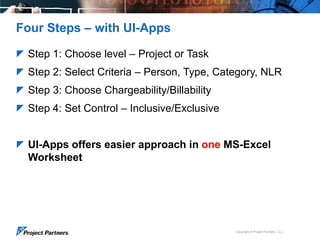 Four Steps – with UI-Apps
 Step 1: Choose level – Project or Task
 Step 2: Select Criteria – Person, Type, Category, NLR

 Step 3: Choose Chargeability/Billability
 Step 4: Set Control – Inclusive/Exclusive

 UI-Apps offers easier approach in one MS-Excel

Worksheet

Copyright © Project Partners, LLC

 